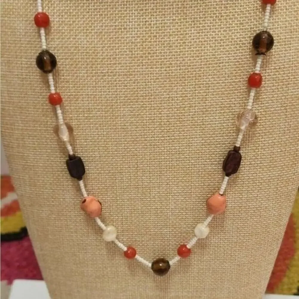 Treska Vintage Earth Tone Beaded Necklace Coral Brown Wood Glass Seed Bead 24 In